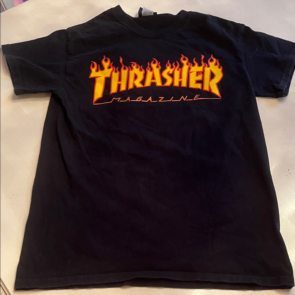 Thrasher Kids Tee with Flame Logo in Black and Orange